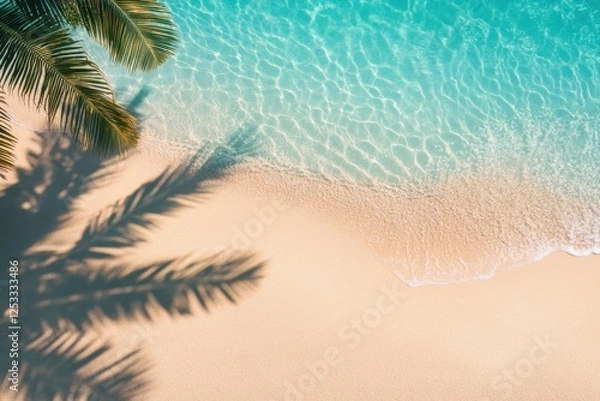 Fototapeta A bird's eye view of the beach with palm leaves and palm tree shadows on the sand and turquoise water, suitable for product backgrounds, summer vacation concept