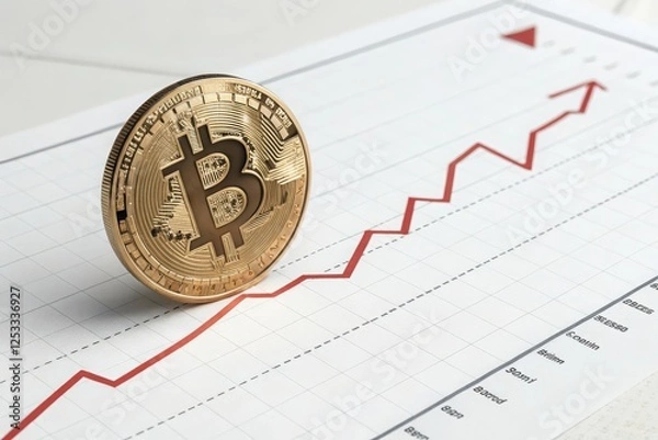 Fototapeta Golden Bitcoin Coins with Growing Graphs and Arrows Representing Cryptocurrency Market Growth, Financial Investment Success, Blockchain Technology, and Digital Currency Trading on White Background