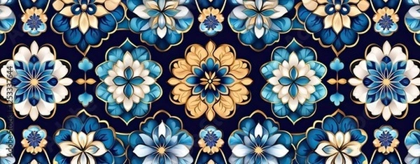 Fototapeta Seamless pattern of intricate Middle Eastern tile designs in blue and gold, luxurious and ornate
