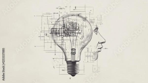 Obraz Man's head as lightbulb, idea concept, blueprint background