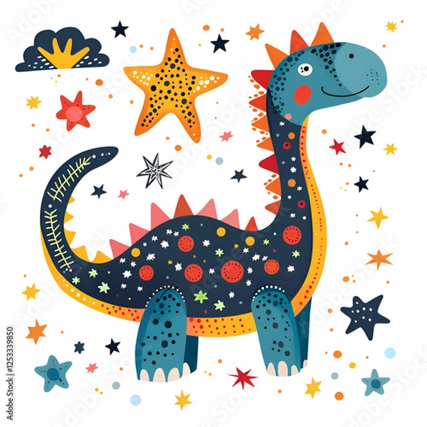 Fototapeta Cute Dinosaur in a Starry Night Sky. Childrens Illustration