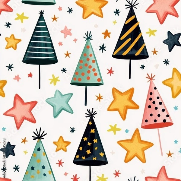 Fototapeta Colorful holiday-themed pattern featuring various stylized trees and stars, perfect for festive decorations or wrapping paper.