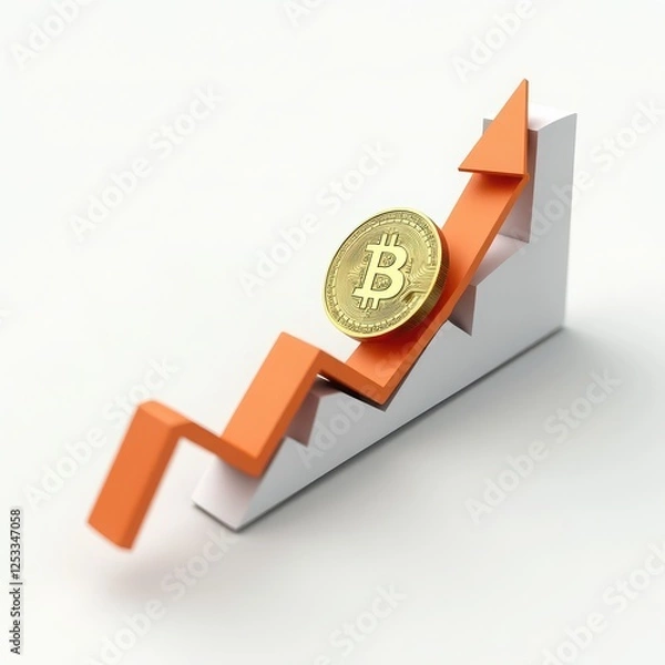 Fototapeta Golden Bitcoin Coins with Growing Graphs and Arrows Representing Cryptocurrency Market Growth, Financial Investment Success, Blockchain Technology, and Digital Currency Trading on White Background