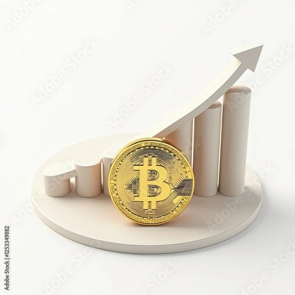 Fototapeta Golden Bitcoin Coins with Growing Graphs and Arrows Representing Cryptocurrency Market Growth, Financial Investment Success, Blockchain Technology, and Digital Currency Trading on White Background