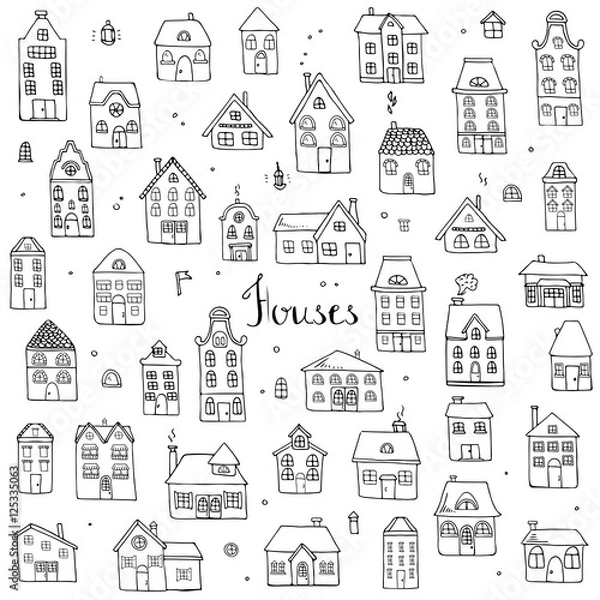 Obraz Hand drawn doodle street homes icons set. Vector illustration. Cottage symbol collection. Cartoon village buildings various sketch architectural elements: residential houses, housing, property