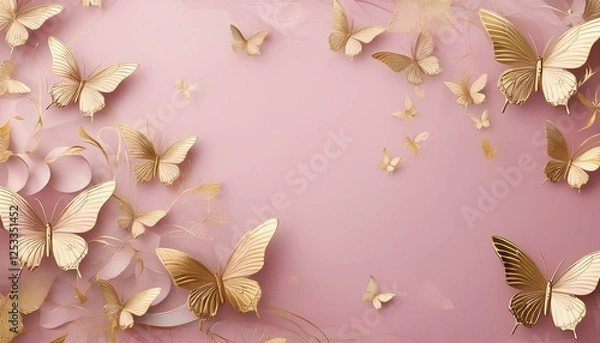 Fototapeta soft pink background with gold butterfly pattern for elegant invitations and posts