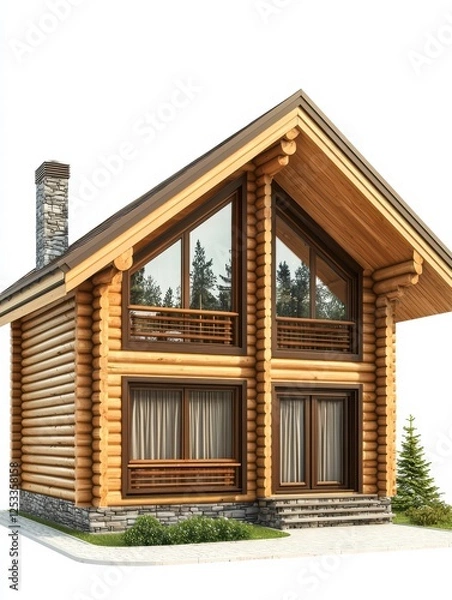Fototapeta Cozy Timber Abode: A charming wooden cabin boasts rustic beauty, with intricate log construction, large windows, and a classic gable roof, exuding warmth and inviting retreat.