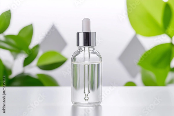 Fototapeta Clear glass bottle with dropper, filled with liquid, surrounded by green leaves. Ideal for skincare or essential oils, showcasing minimalist aesthetic