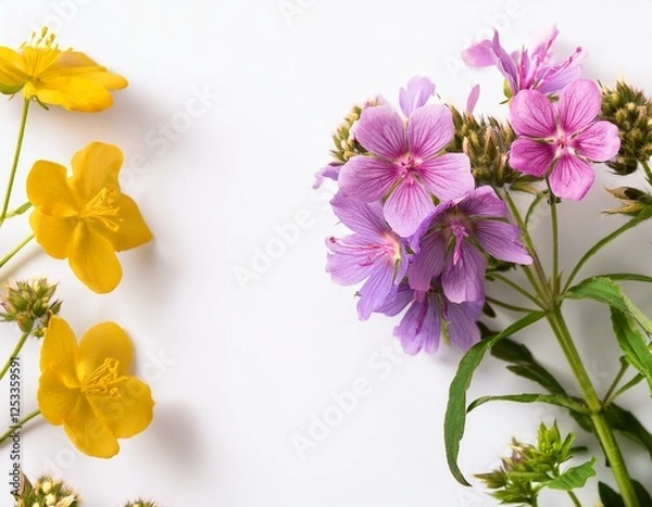 Obraz flowers of lysimachia punctata penstemon and geranium rozanne seen on the right side of a white background