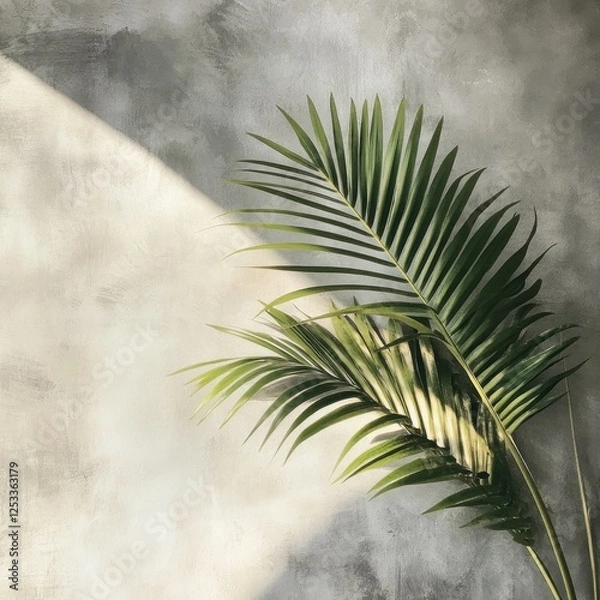 Fototapeta Palm frond sunlight textured wall background design