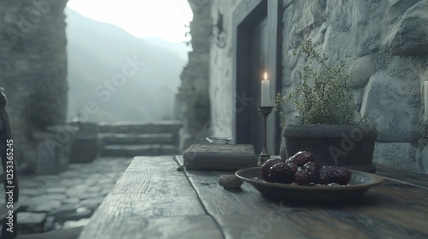 Fototapeta Medieval village courtyard, candlelit table, dates, book