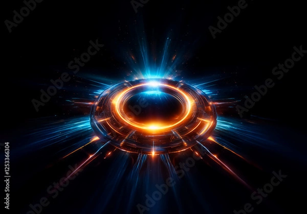 Fototapeta Circular object emitting bright blue and orange rays against a dark backdrop.  Abstract, glowing, and futuristic with radial light beams.