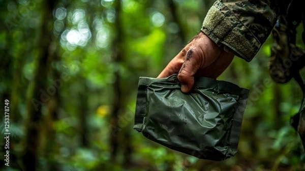 Fototapeta Prepared Nutritious Supply for Camping and Hiking, Close-up of Weathered Soldier's Hand Gripping Olive-Drab MRE Pouch in Dense Forest Environment