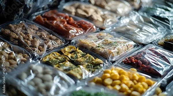 Fototapeta Prepared Nutritious Supply for Camping and Hiking, Intimate Study of the Contents of a Standard-Issue Military MRE Package Showcasing Varied Meal Selections and Compact, Utilitarian Packaging