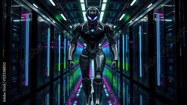 Fototapeta Modern tunnel with neon lights and robot