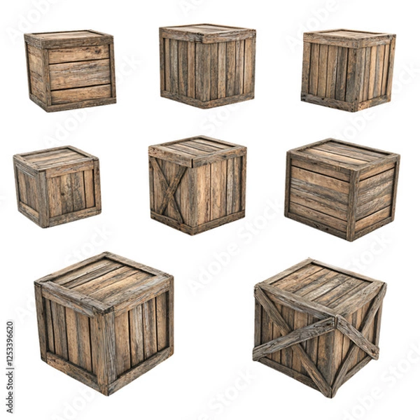 Fototapeta a set of six wooden crates with a white background
