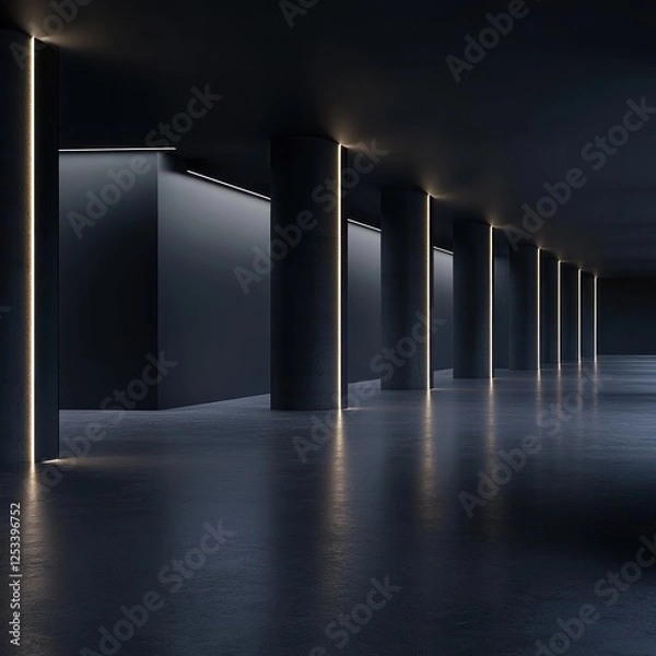 Fototapeta Dark modern hallway, glowing lines, empty space, architecture background