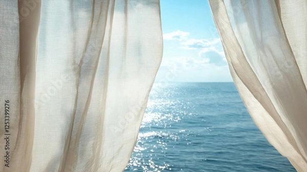 Obraz A soft linen curtain blowing in the wind, revealing a view of the endless ocean beyond