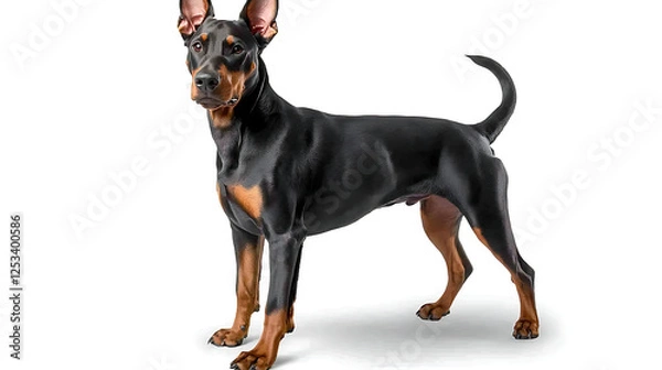 Fototapeta A small black and brown dog is standing on a white background. generated using AI