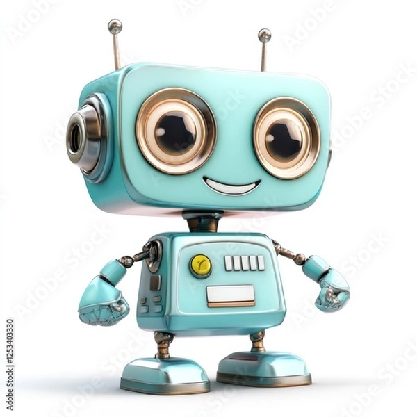 Fototapeta Cute teal robot, smiling, white background, digital art, children's book illustration