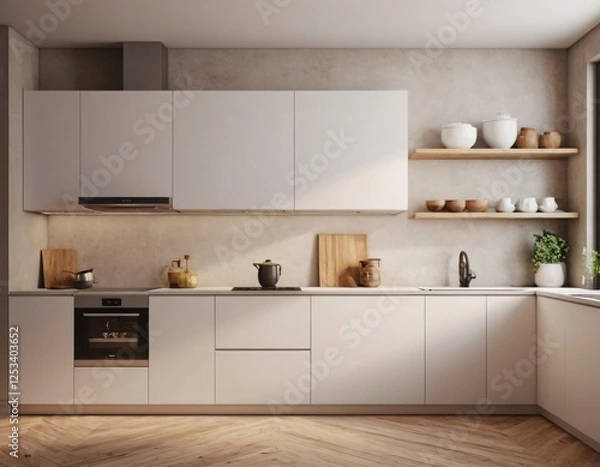 Obraz Modern Kitchen interior with empty blank wall for mockup template display. 3D Rendering