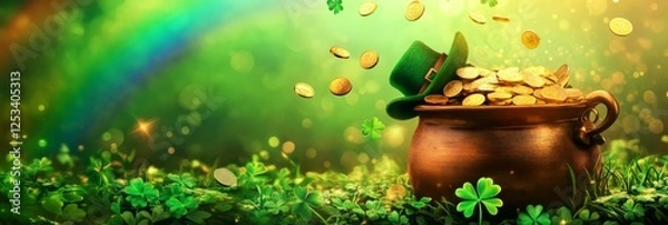 Obraz Golden coins overflowing from a pot with shamrocks at the end of a rainbow, representing irish folklore, luck, and wealth, banner	