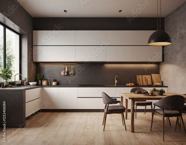 Fototapeta Modern Kitchen interior with empty blank wall for mockup template display. 3D Rendering