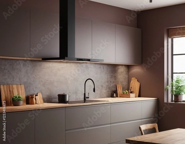 Obraz Modern Kitchen interior with empty blank wall for mockup template display. 3D Rendering