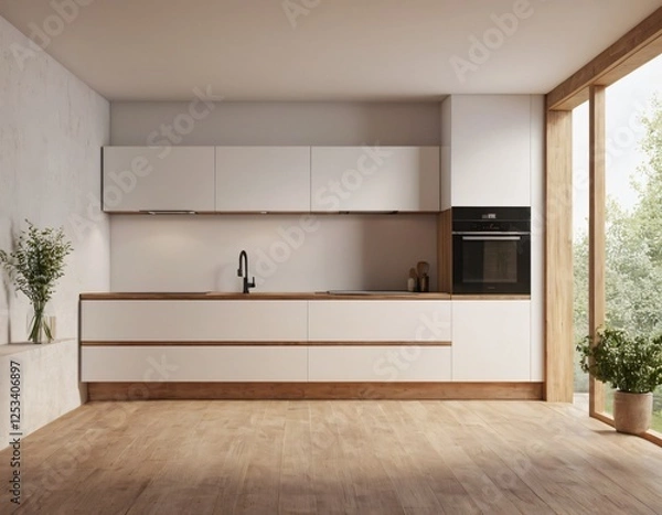 Obraz Modern Kitchen interior with empty blank wall for mockup template display. 3D Rendering