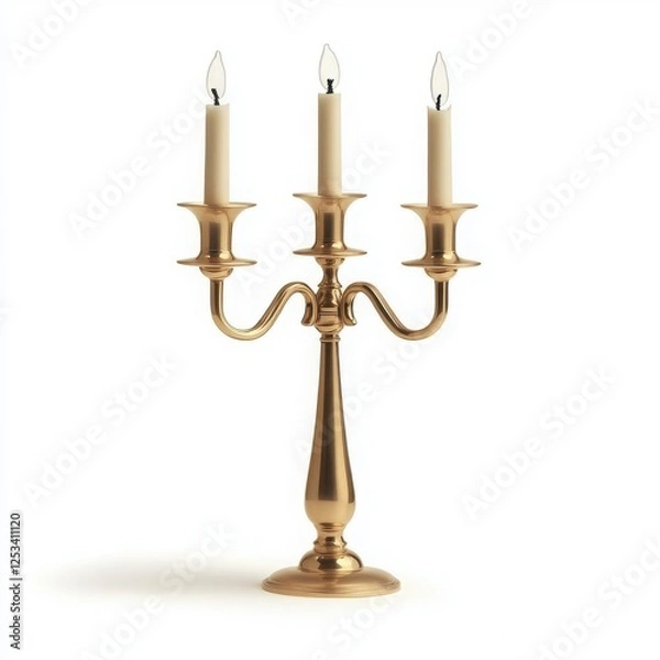 Fototapeta Elegant metallic candelabra with three lit candles, white isolated background.