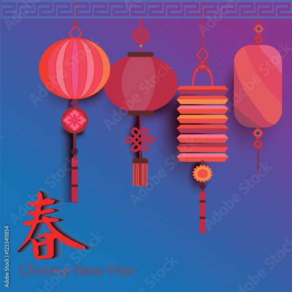 Obraz chinese lantern to celebrate chinese new year,and the word in picture translated spring