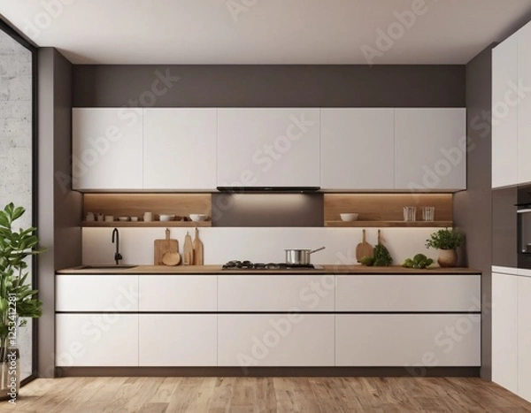 Obraz Modern Kitchen interior with empty blank wall for mockup template display. 3D Rendering