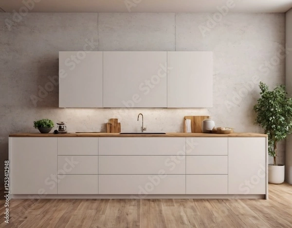 Fototapeta Modern Kitchen interior with empty blank wall for mockup template display. 3D Rendering