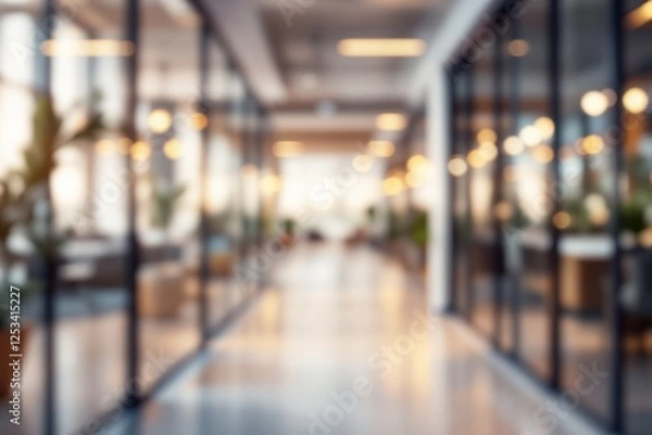 Fototapeta Blurred office hallway with glass walls and warm lighting in modern workspace.
