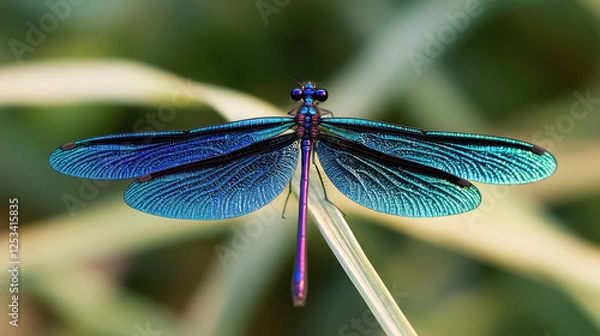 Fototapeta a close up of a blue dragonfly with its wings spread out. 