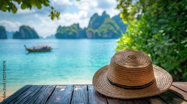 Fototapeta Relaxing Straw Hat Resting on Table with Stunning View of Phang Nga Bay and Tropical Landscape