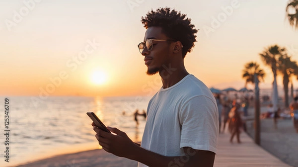 Fototapeta a young man looking at his phone while standing on the beach at sunset. 