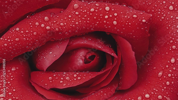 Fototapeta Close-up view of a red rose covered in water droplets.