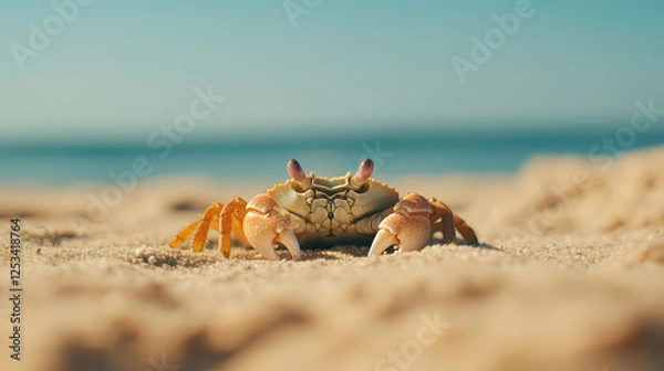 Fototapeta a crab on the beach, looking straight at the camera.