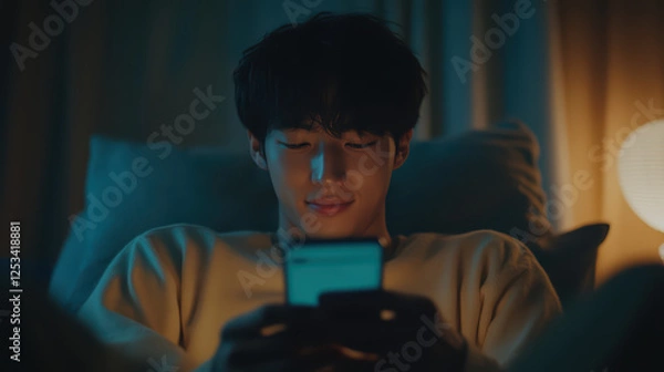 Fototapeta Man relaxing on bed using smartphone at night.