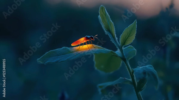 Fototapeta glowing firefly on a leaf at night.