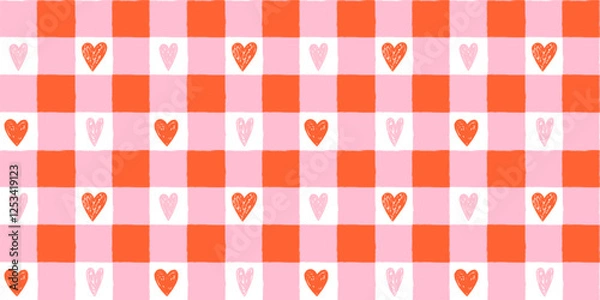 Fototapeta Hand drawn vector plaid, gingham seamless pattern with red and pink doodle hearts, Grunge tartan, check irregular geometric background for Valentine's Day