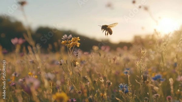 Fototapeta a bee flying over a field of wildflowers during golden hour. 