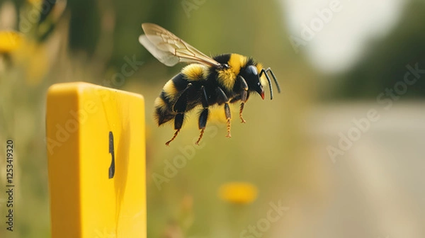 Fototapeta bumblebee in flight near yellow marker.