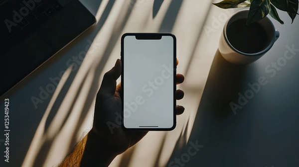Fototapeta hand holding smartphone with blank screen, coffee cup and laptop in background.