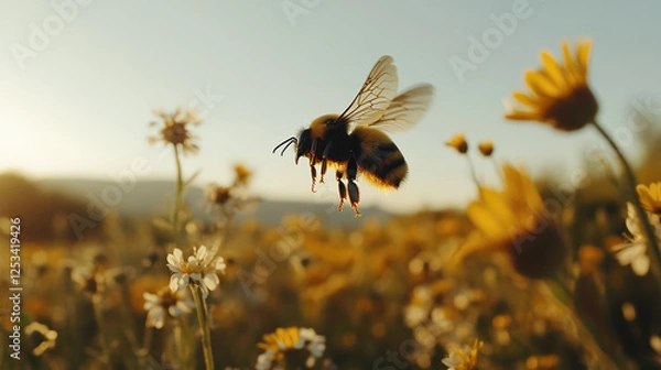 Fototapeta bumblebee in flight over a field of flowers at sunset. 