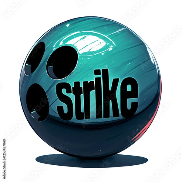 Fototapeta A stylized graphic of a teal bowling ball with holes drilled in it and the word "strike" overlaid in bold, black letters.