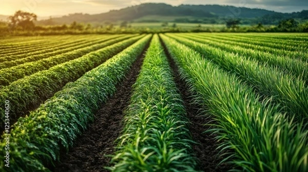 Fototapeta Sunset over rows of crops in a rural field