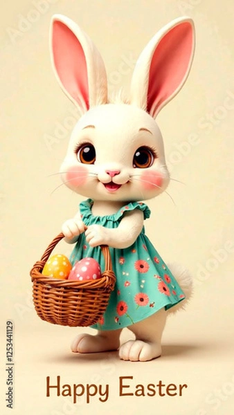 Fototapeta Mrs. Easter Bunny holds a basket of Easter eggs in his paw. Postcard, banner.