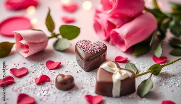 Fototapeta A composition full of love with heart-shaped chocolates, pink roses and flower petals. Perfect for expressing affection.